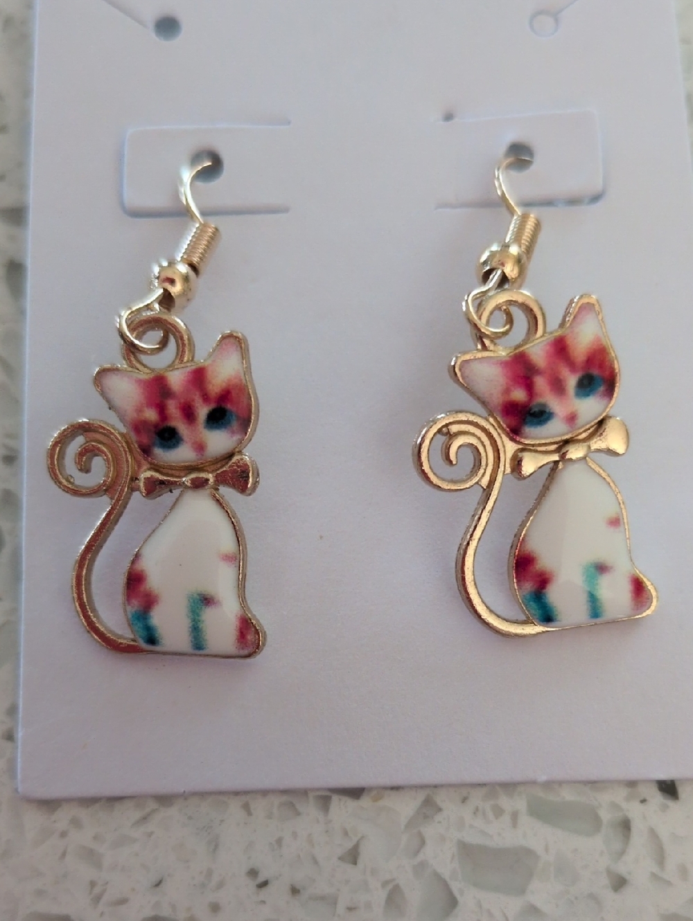 Gold Cat Drop Earrings - Pink & White Cat Design